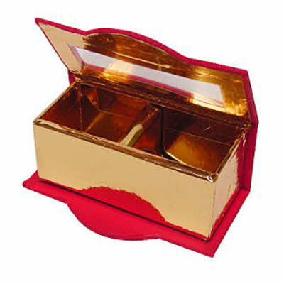 luxe bonbondoosje in rood en goud 2 bonbons